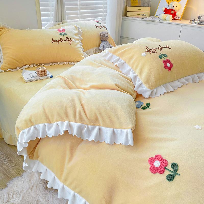 Winter Thickened Milk Velvet Towel Embroidered Bed Four-piece Anti-static Double-sided Velvet Coral Velvet Warm Sheet Quilt Cover