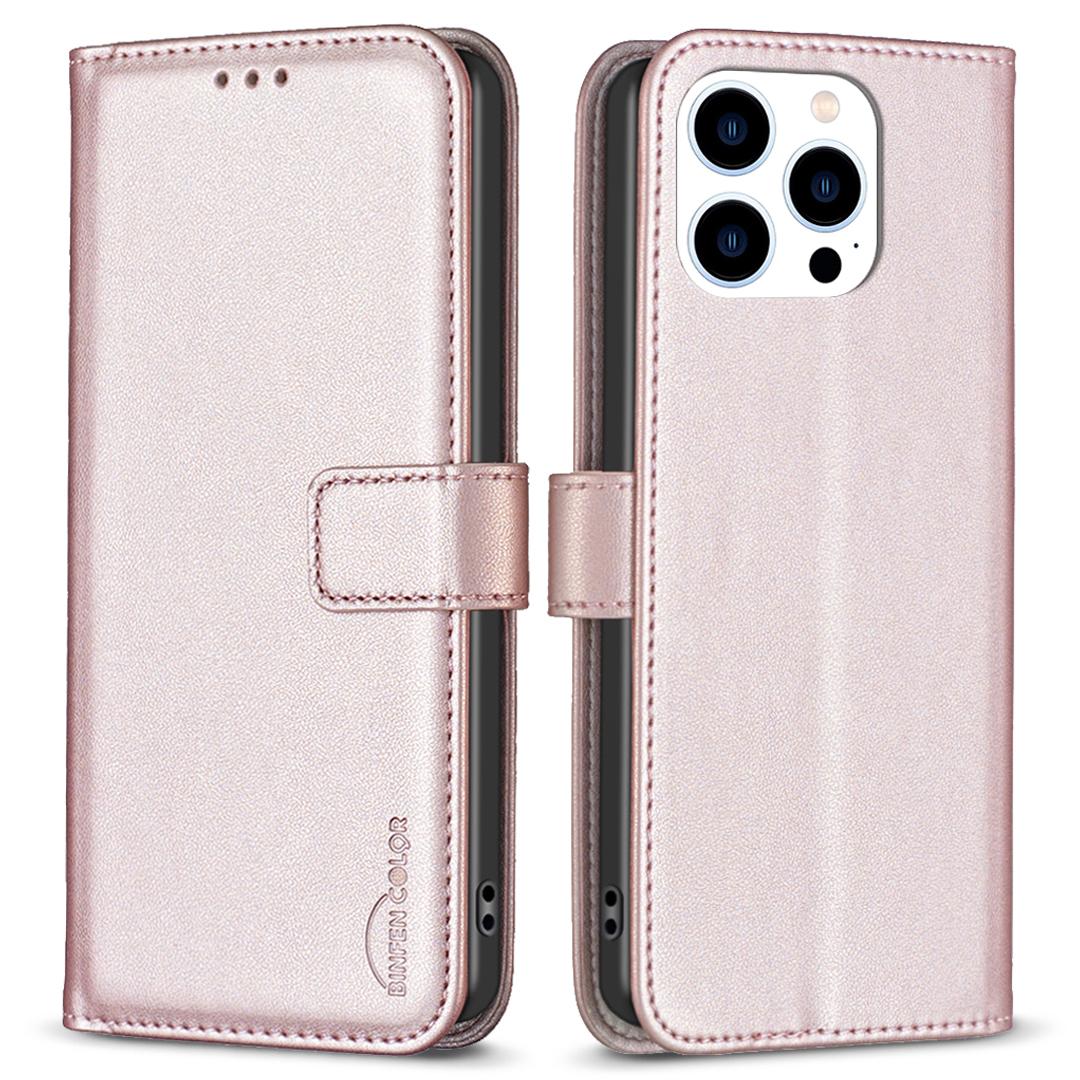 

BINFEN COLOR BF17 For iPhone 13 Pro Anti-Fingerprint Wallet Leather Phone Cover Stand Magnetic Closure Phone Case Rose Gold