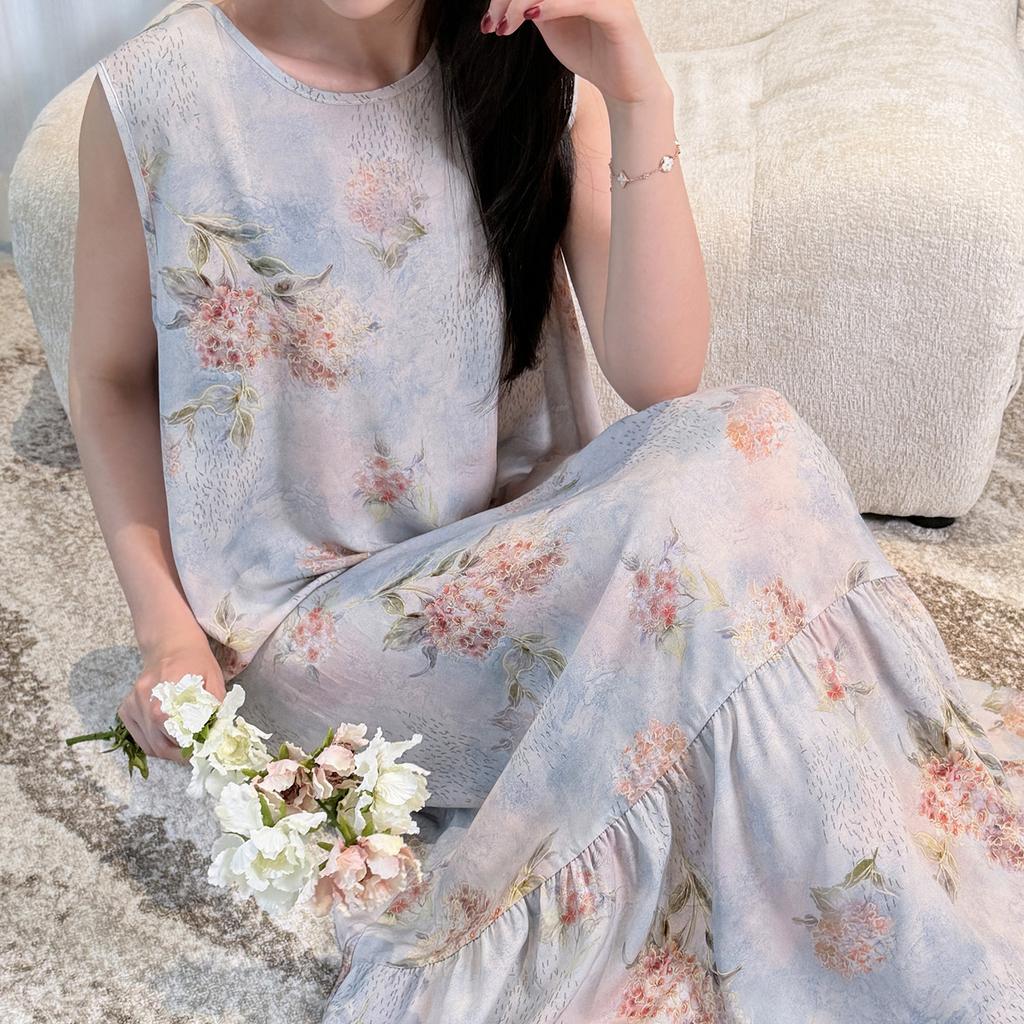 Robe de nuit sans manches en coton et soie pour femme, été, idyllique, ample, grande taille, peut être portée dehors, jupe fishtail en coton artificiel à fleurs