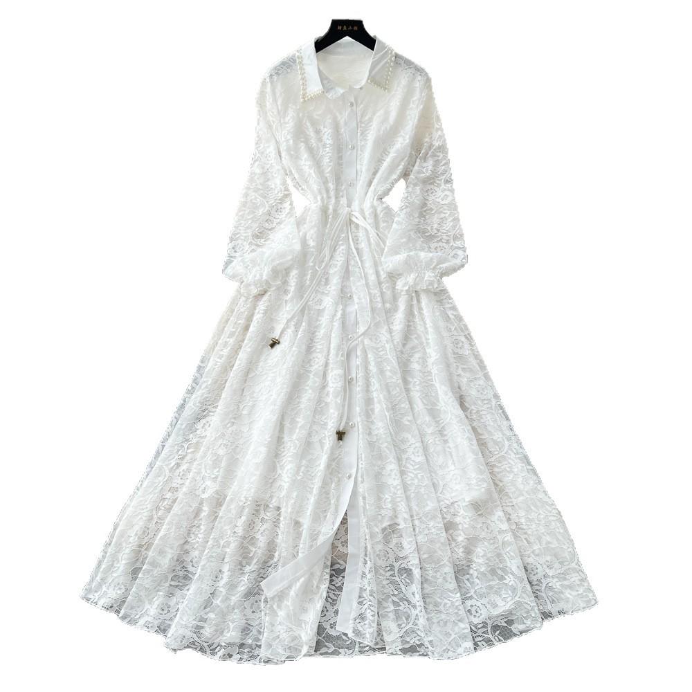 French Temperament Elegant Heavy Industry Bead Lapel Lantern Sleeve Single-breasted Strap Waist Thin Lace Dress Women