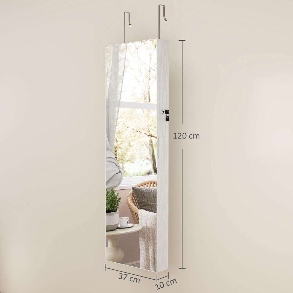 Jewelry Mirror with LED Light Jewelry Cabinet Wall or Door Mounted with Lock Full Mirror White