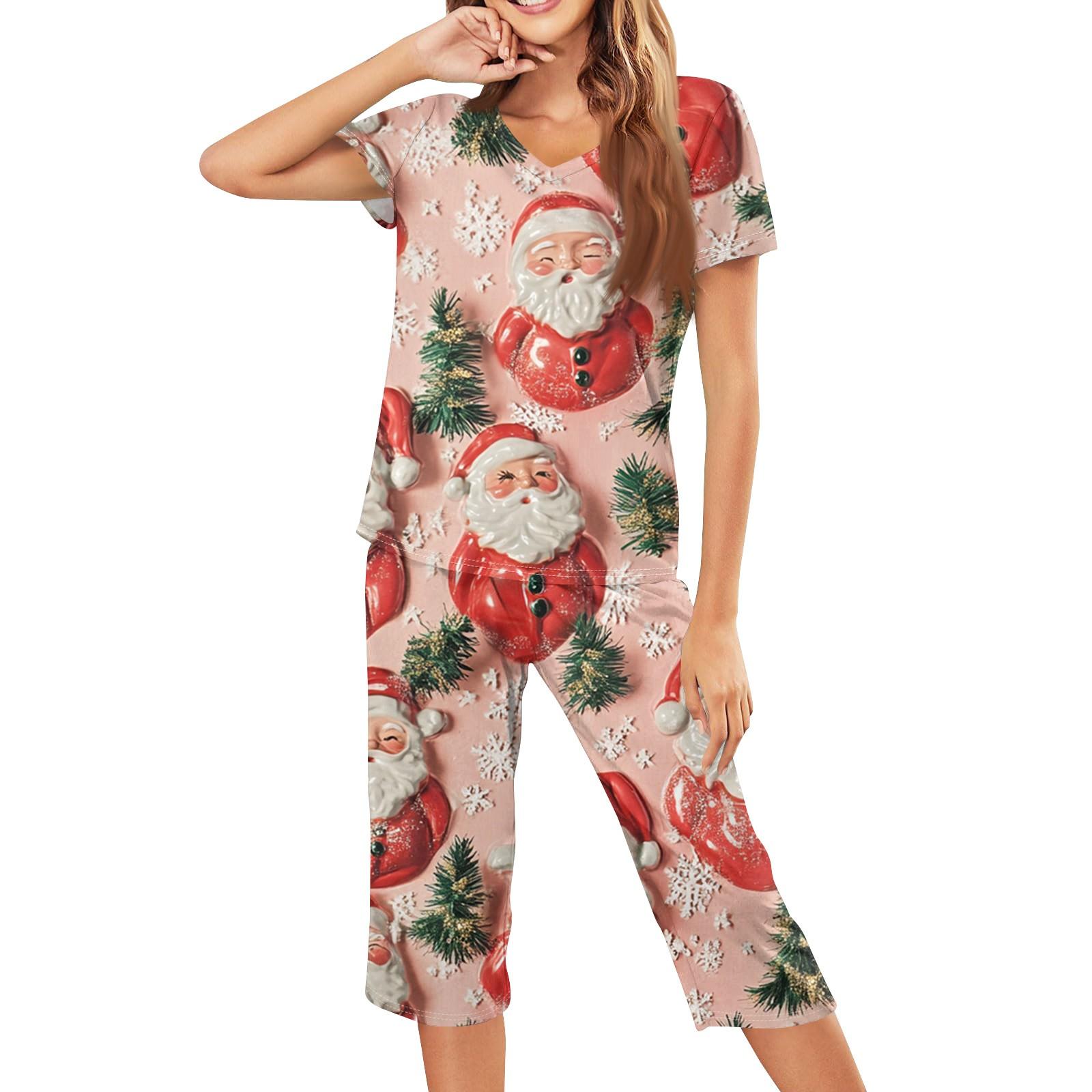 

Женская повседневная спортивная пижама с коротким рукавом и укороченными брюками с рождественским принтом S