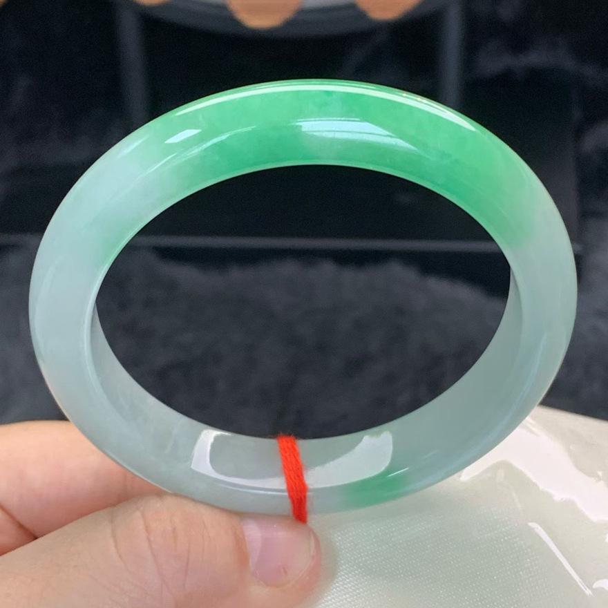 Myanmar Jadeite Bracelet: Natural Large Inner Diameter, Ice-Waxy Finish, Half Mountain Half Water Design. 60mm Wrist 125-130 lbs