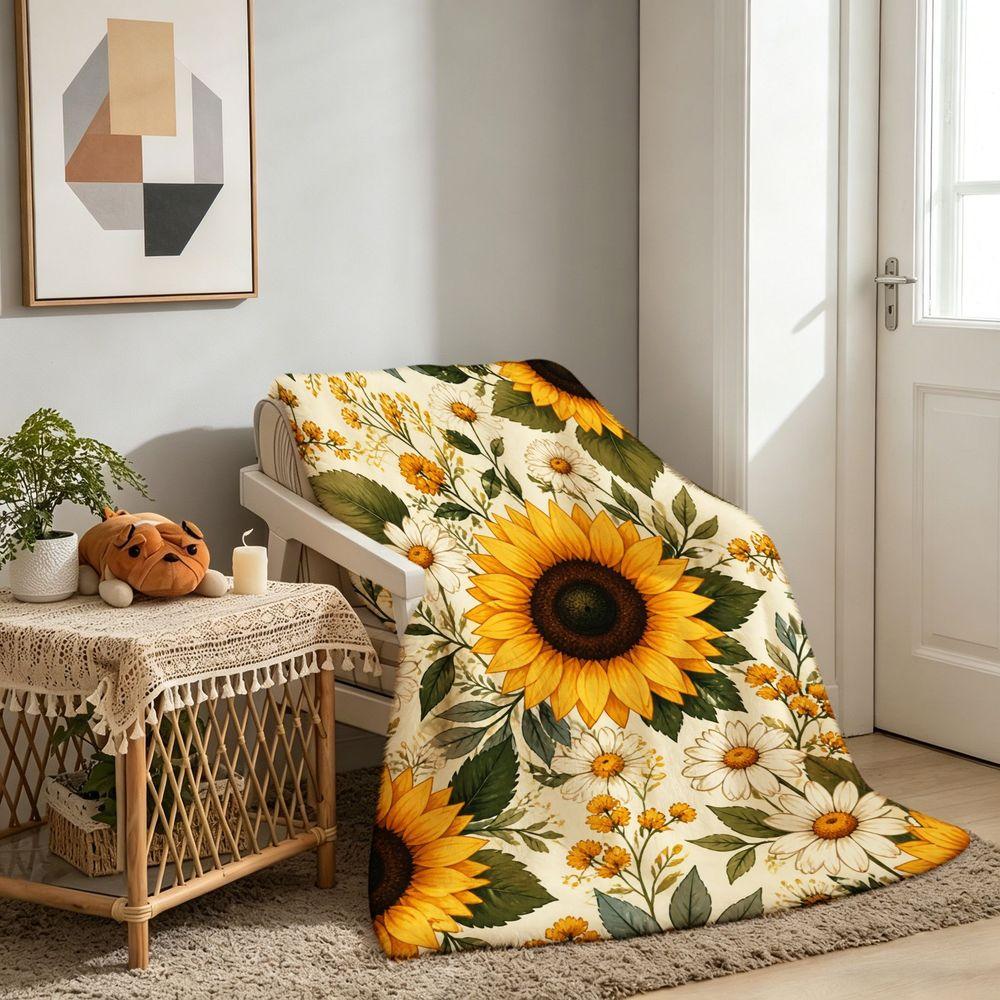 Sunflower Daisy Floral Print Flannel Throw Blanket Super Soft Warm Blanket for Sofa Bed, Botanical Flower Home Decor Gift