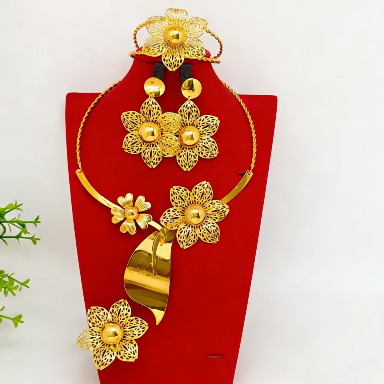 Middle East Dubai Hot Selling Bridal Wedding Jewelry Set Gold Plated Flower Necklace Earrings Bracelet Ring Gifts 24k gold