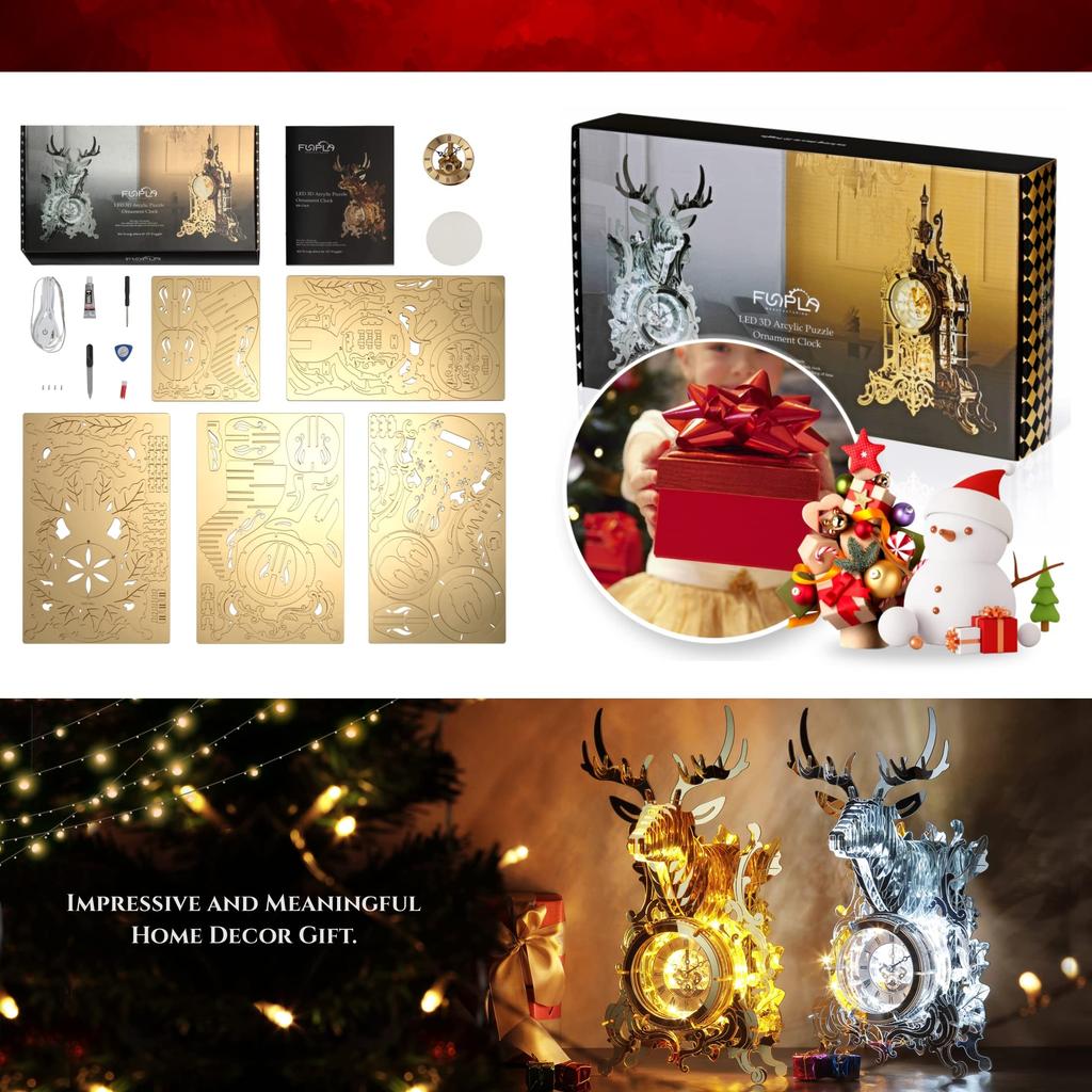 FUNPOLA 68-Piece 3D Puzzle, Acrylic, LED, Metal Puzzle, Golden Deer Clock, DIY Building Model Clock, Table Clock, Handmade for Kids and Adults, Home