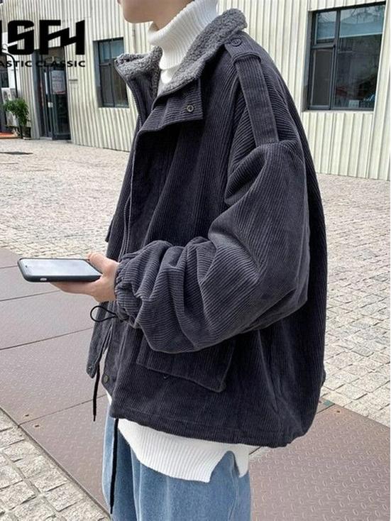 Herren Cord Baumwolljacke im Hongkong-Stil mit warmem Lammwollfutter und Stehkragen
