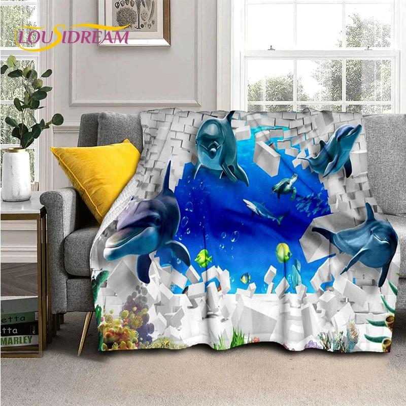 Underwater World 3D Illusion Seabed Cartoon Shark Dolphin Blanket,Soft Throw Blanket for Home Bedroom Bed Sofa Travel Cover Kids