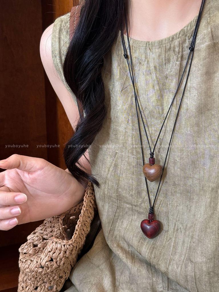 Sandelholz Kürbis Herz Lange Halskette - Retro Ethnischer Stil Damen Anhänger und Pulloverkette