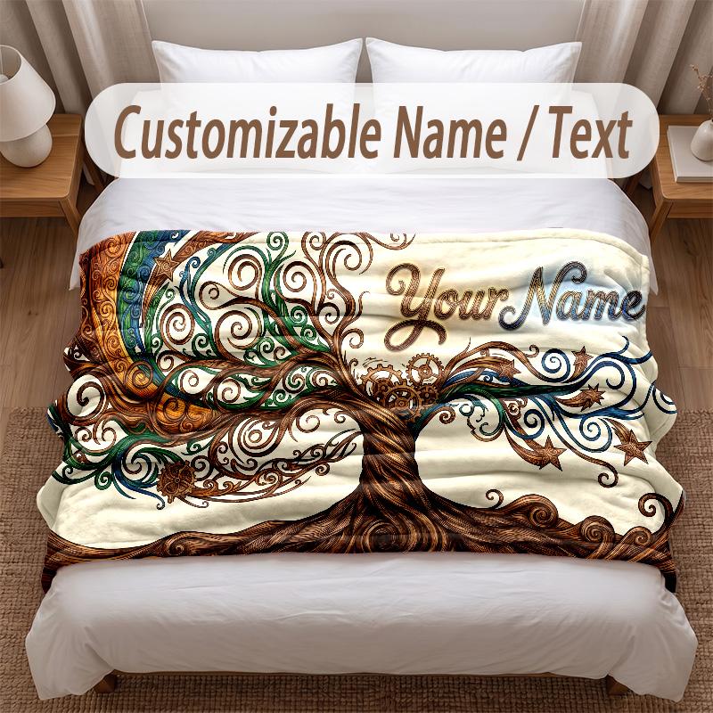 Tree of Life Theme Soft Blanket Personalized Custom Name Text Print Warm Blanket Home Sofa Bedroom Decor