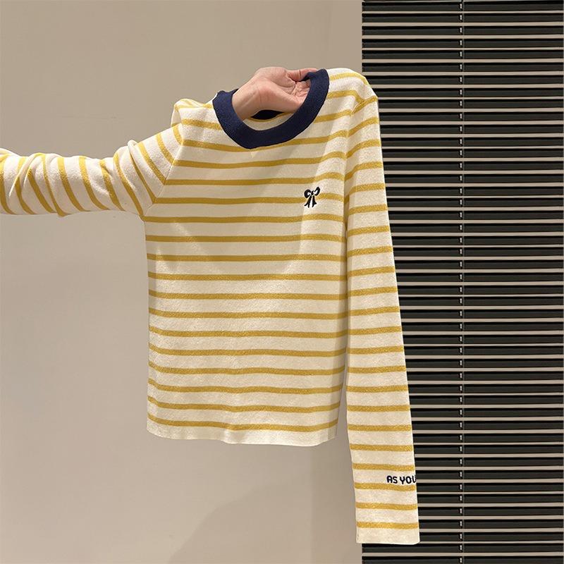 Contrasting Striped Bow Long-sleeved Knitted Sweater Women's Autumn New Slim-fit Bottoming Shirt with Top Inside