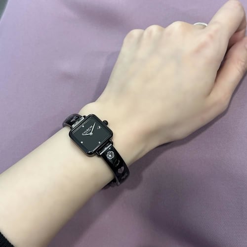 Coach Women's Square Watch with Shopper Case, Cassette Design, Leather Strap (Black)