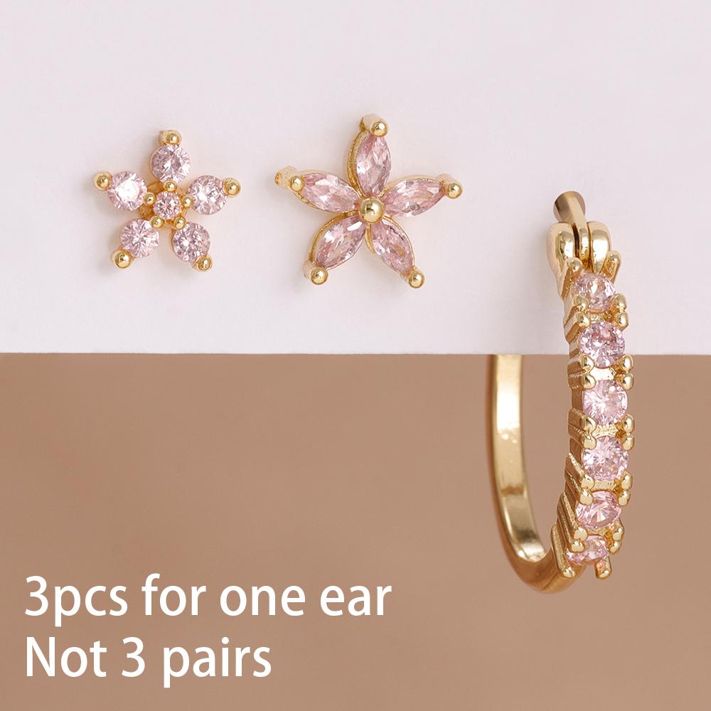 3PCS Stainless Steel Zircon Cartilage Flower Piercing Ear Stud Earring For Women Helix Tragus Engagement Birthday Jewelry Gift