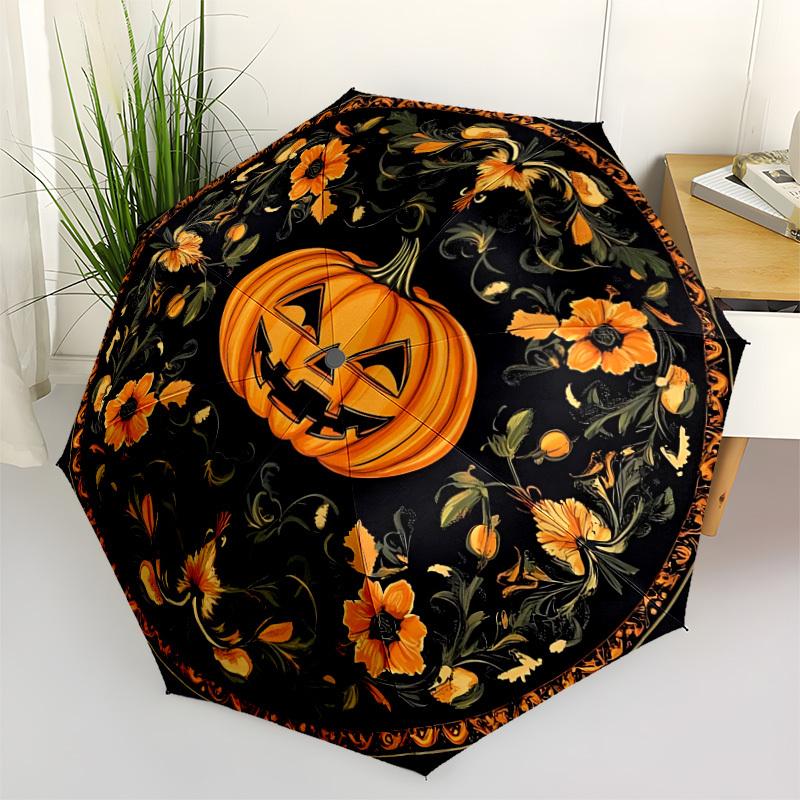 

1pc Halloween Pumpkin Decor Automatic Umbrella - Stylish, Durable, with 8-Rib Manual Open Design, Elegant Black Handleyy250920110