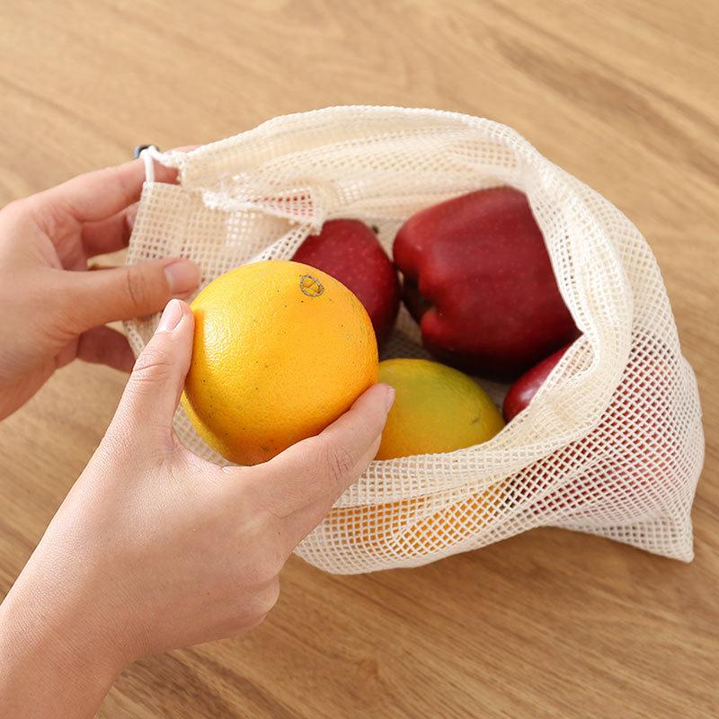 Vegetables Fruits Net Bag Drawstring Pocket Cotton Mesh Storage Pouch Shopping Bag For Daily Supermarket Use