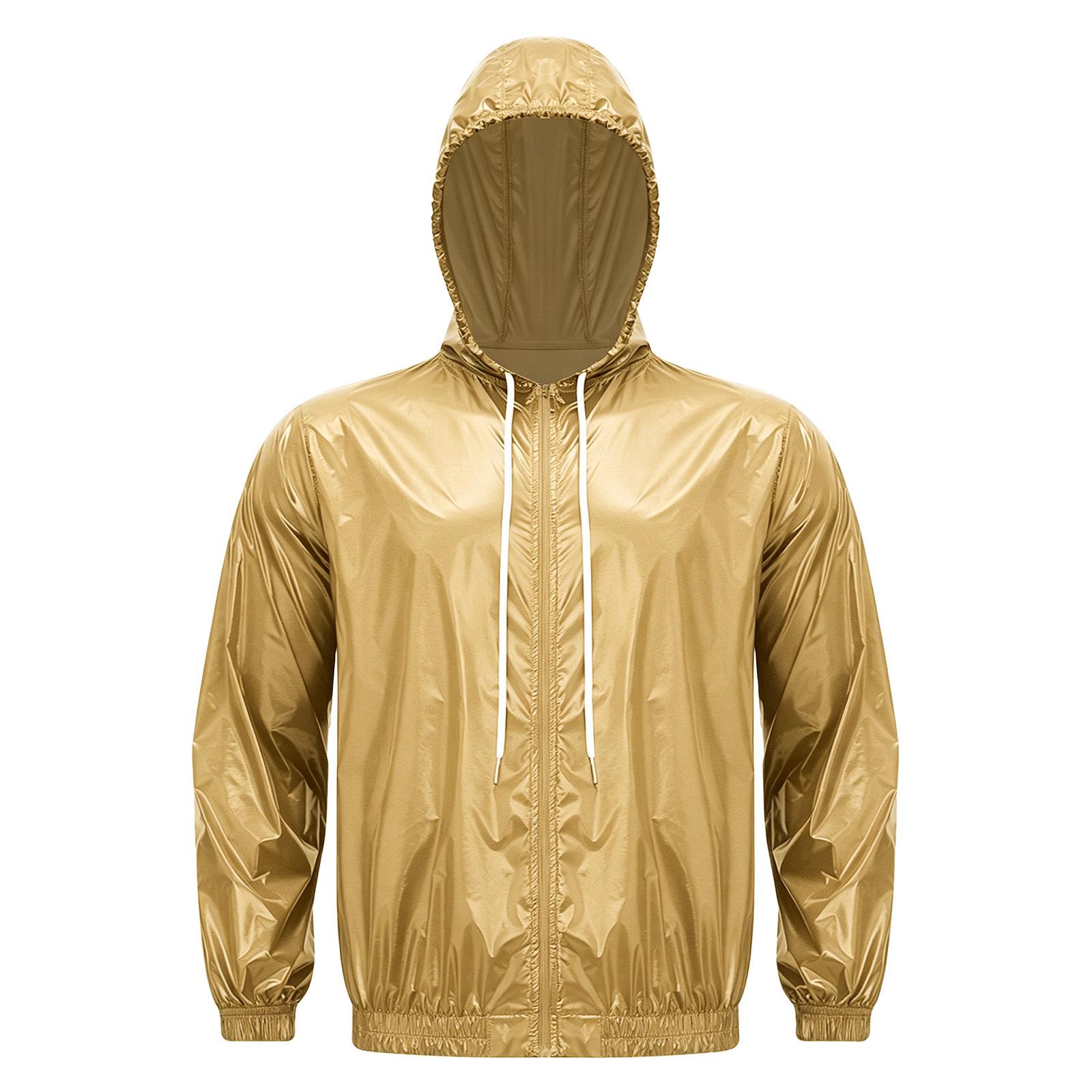 

Mens Waterproof Hooded Jacket Long Sleeve Front Zip Up Drawstring Hood Windbreaker Raincoat S хакі