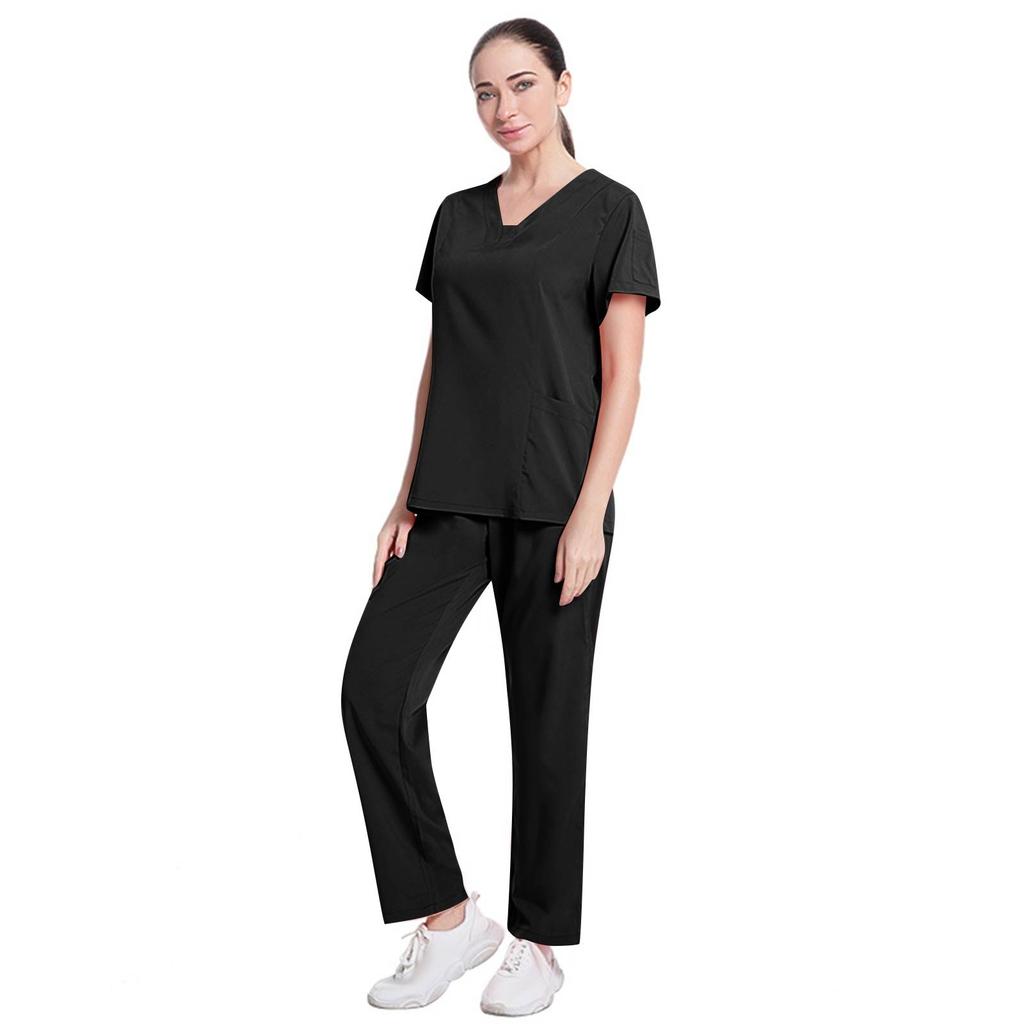 Women's Fashion Solid Short Sleeve V Neck Pattern Tops Pocket Working Set