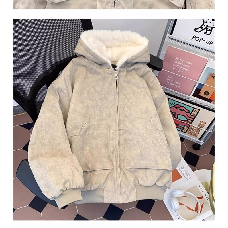 Oversized Hooded Zip-Up Fleece-Lined Cotton Jacket Men Women Winter Warm Loose Casual Outerwear