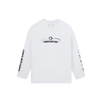 Li Ning CF Su Série Estilo de Vida Esportivo Estampa de Letras Marte Cor Sólida Gola Redonda Manga Longa Camiseta Tops Unissex Branco ATLS095-1
