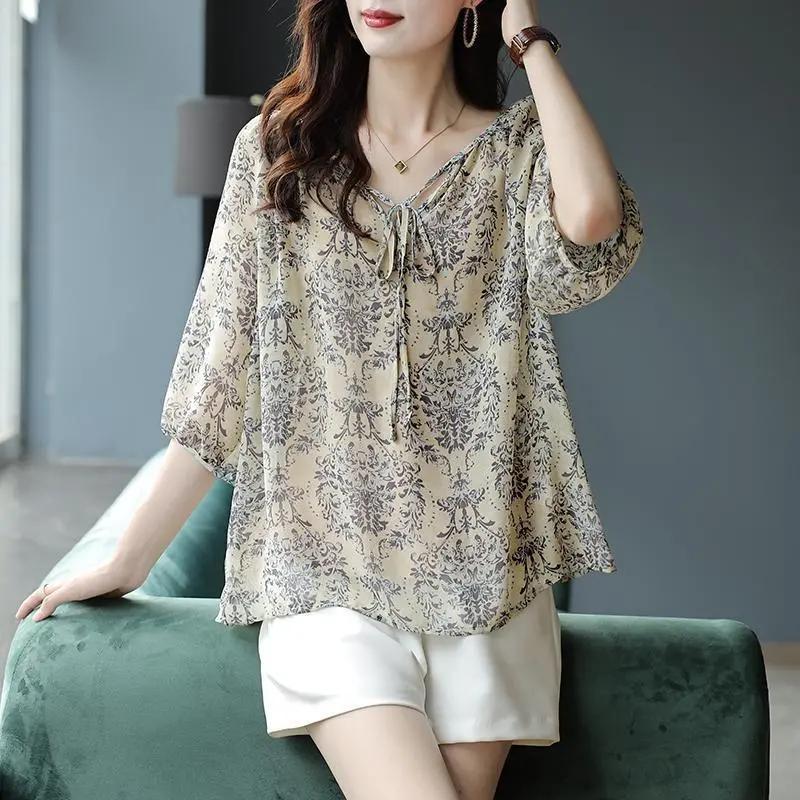 Spring New Style Fashionable and Age Reducing Lace Up V-neck Printed Seven Quarter Sleeve Western Style Chiffon Belly Cover Top