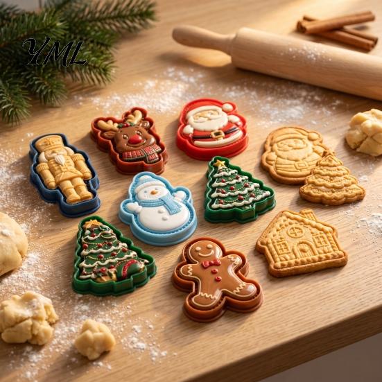 Interactive Baking Tools Christmas Cookie Cutter, Push Type Integrated Mold, Plastic Festive Pastry Stampers Clay Decorating Tool for Holiday Kitchen