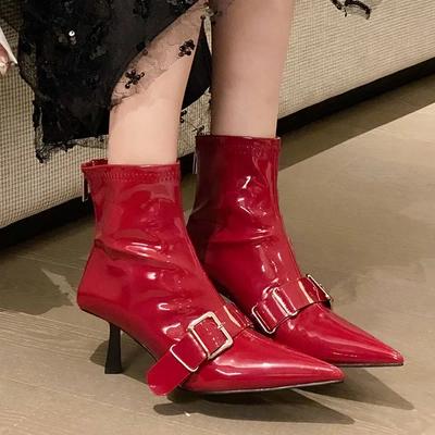 Sexy Pointed Toe Ankle Boots Women Winter Fashion Designer Thin Heels Short Boots Female Metal Buckle Elegant High Boots Women
