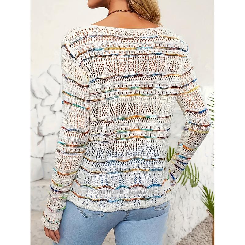 Women's New Spring and Summer Daily Comfortable and Loose Versatile Contrast Striped V-neck Knitted Hollow Sweater for Women