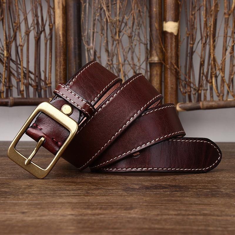 Handmade Retro Thick Thread Decoration Thickened First Layer Vegetable Tanned Leather Belt Men'S Genuine Leather Pin Buckle Versatile Casual Belt Men'