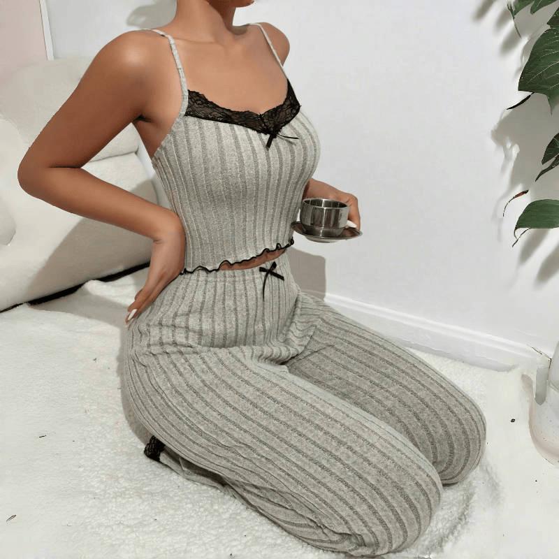 Cross-Border Hot-Selling Women's Rib Knit Heart Camisole Pajamas Set - Wearable Outdoors with Long Pants
