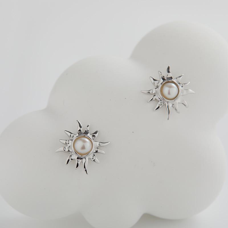 S925 Sterling Silver Natural Pearl Amethyst Tiger Eye Jasper Colored Treasure Stud Earrings Women'S French Retro Sunflower Earrings