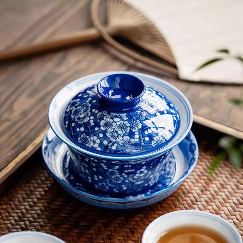 Porcelain Gaiwan Blue and White Plum Tea Tureen Blossom Sancai Chinese Kungfu Teacup Infuser Tea Bowl Household Kitchen Teaware
