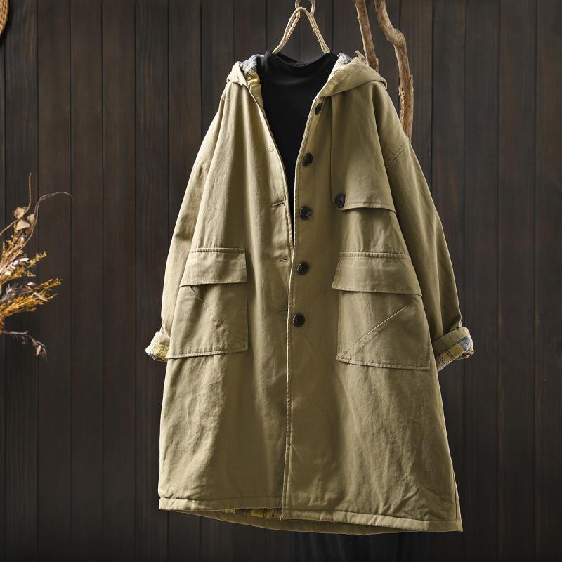 

Johnature Women Vintage Hooded Button Winter Coats Solid Color Patchwork Pockets Warm Long Coats One Size хакі