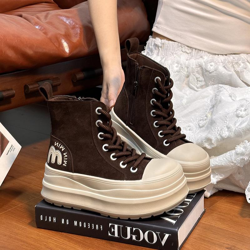 

[Fanfna] Round head lace-up muffin thick-soled Martin boots women s retro versatile small height-increasing casual short boots 40