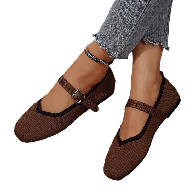 Single shoes women's buckle retro breathable color matching lazy shoes European and American foreign trade flat-soled single shoes large size fly-wove