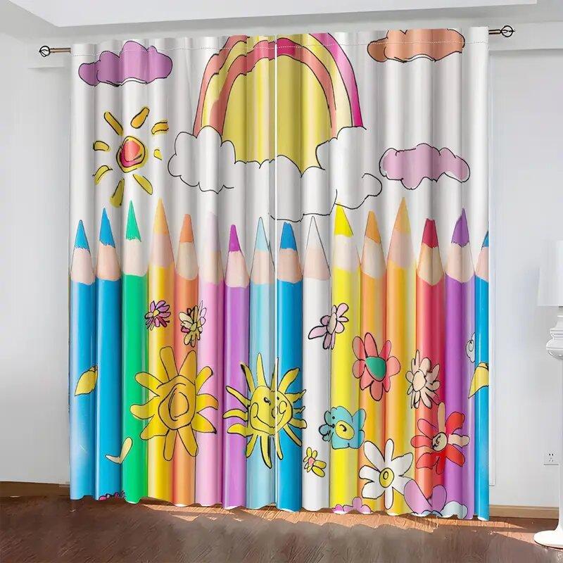 Colorful Pencils Sunflowers Pole Bag Curtains Bedroom Kitchen Decoration Home Living Room Curtain For Made Of Polyester