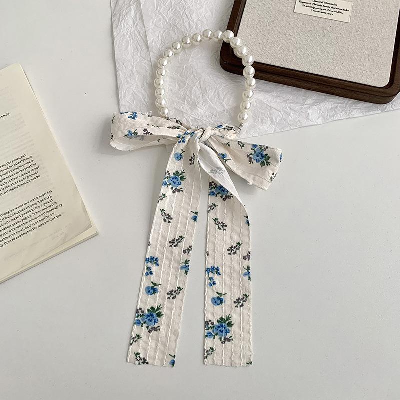 Silk Scarf Long Strip High-end Floral Pearl Necklace Small Scarf Streamer Hair Rope Silk Scarf Bag Winding Floral Headscarf