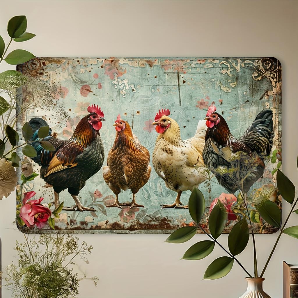 Vintage Chicken Metal Wall Art Sign – Rustic Iron Decor with Colorful Chickens & Floral Design, 30.48x20.32 Cm, Indoor/Outdoor U