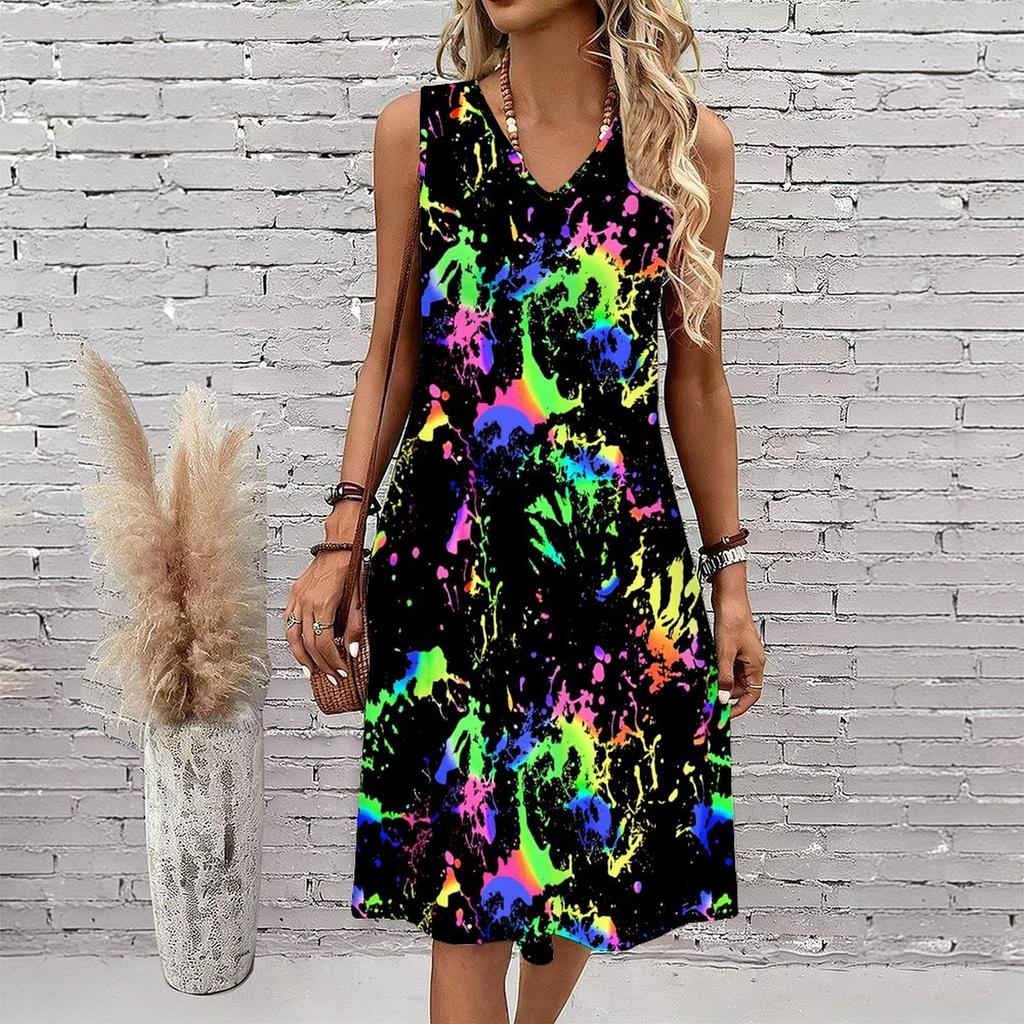 Plus Size V Neck Sleeveless Dress Shaded Brook Woodland Watercolor Print For Peaceful Nature Stroll