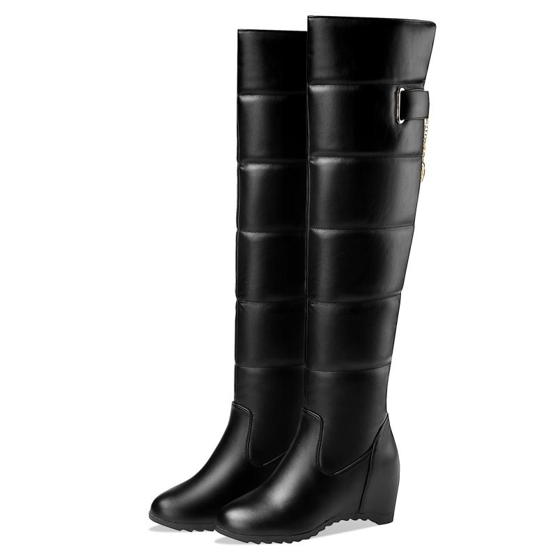 

Теплые высокие зимние сапоги на пуху Женские 2025 Плюшевая зимняя обувь Женские высокие сапоги ботфорты Мех Водонепроницаемые Клиновидный каблук Черный Белый 38 чёрный