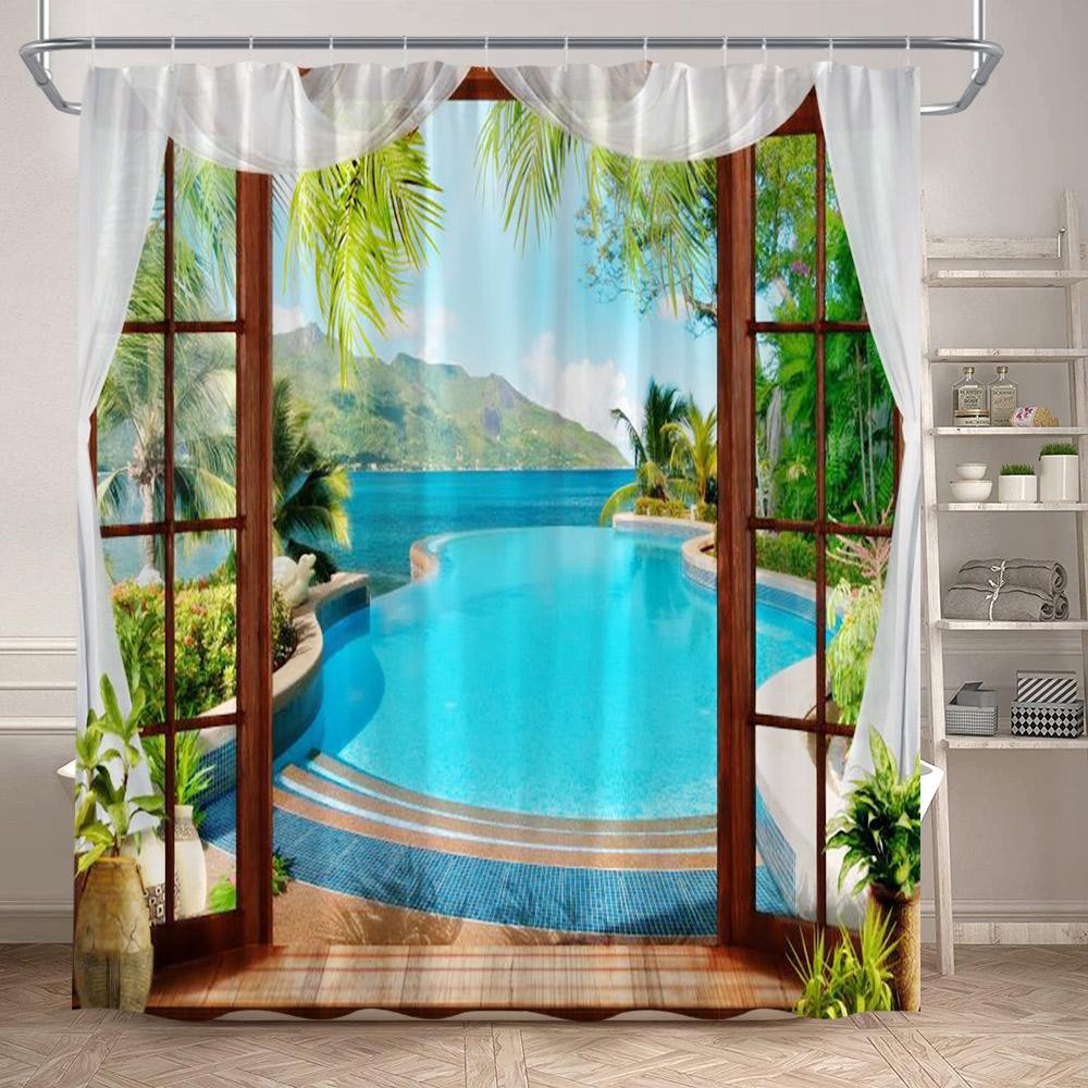 Tende da Doccia con Vista sull'Oceano Spiaggia dell'Isola Alberi di Cocco Hawaii Paesaggio Naturale Tessuto da Appendere alla Parete di Casa Decorazione per Tende da Bagno