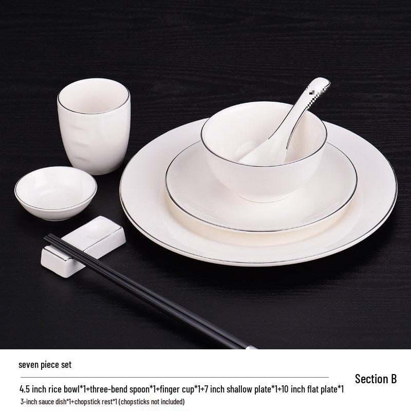 Elegant Ceramic Tableware Set: White with Platinum Rim - Includes Plates, Bowls, and Dishes for Restaurants or Clubhouses, Available in 3 or 4 Pieces
