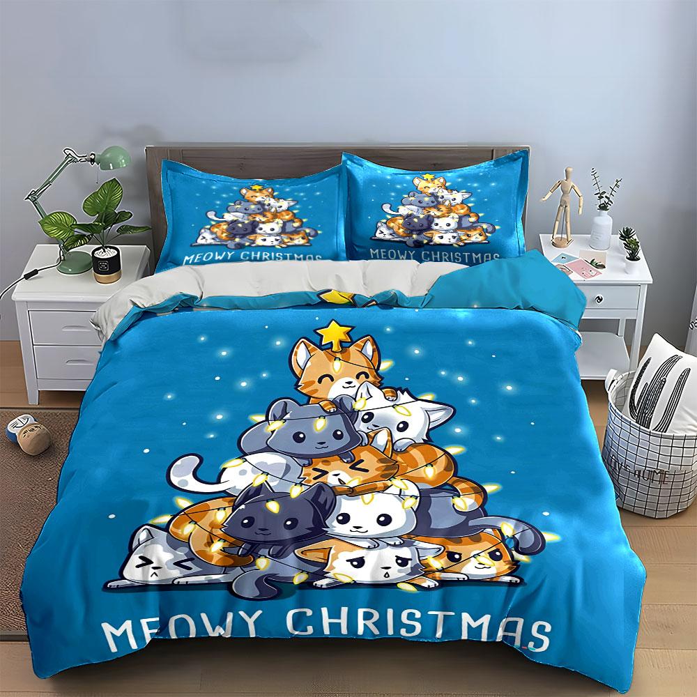Christmas Cat Tree Pattern Bedding Duvet Cover Set Duvet Cover Pillowcases  (1*Duvet Cover 2*Pillowcases, Without Duvet Insert)