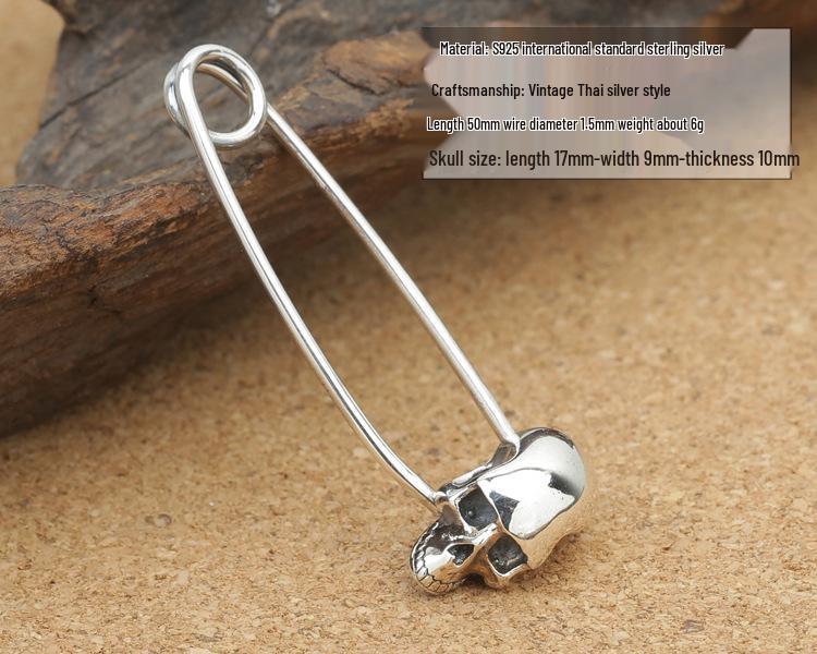 S925 Sterling Silver Vintage Thai Skull Brooch Pendant Sweater Chain