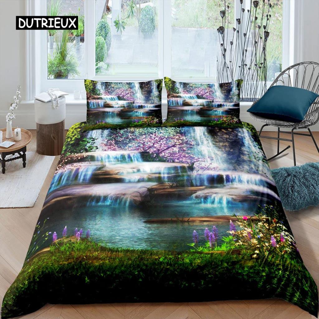 3D Waterfall Duvet Cover Set King Size Microfiber Botanical Floral Trees Pattern Bedding Set Purple Dream Theme Comforter Cover