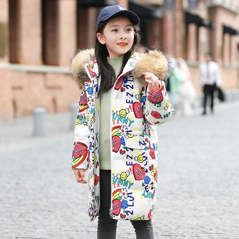 5-16 Years Winter Girls Down Jacket Fur Collar Hooded Cartoon Printed Long Teenage Girl Outerwear Coat Kids Graffiti Outfit