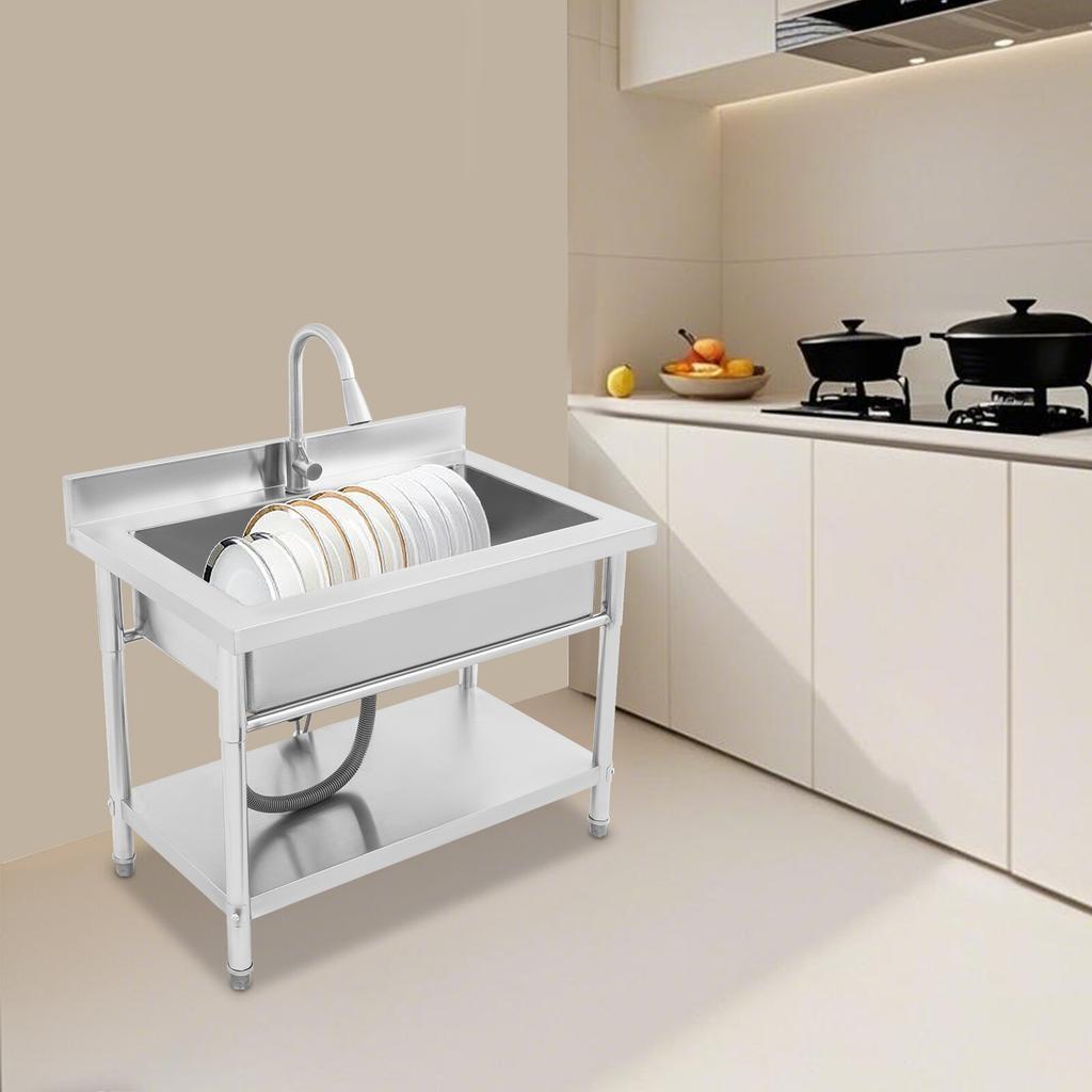 Freestanding Stainless Steel Utility Sink with Pull-Out Sprayer Faucet, Modern Single Bowl Workstation Sink for Laundry Garage