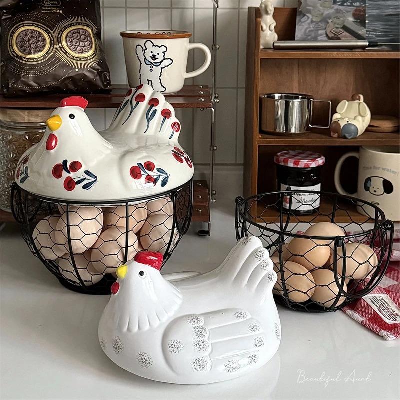Chicken Design Ceramic Egg Storage Basket Iron Basket Holds 15-25 Eggs, Egg Holder, Organizer Case, Container Egg Basket Holder
