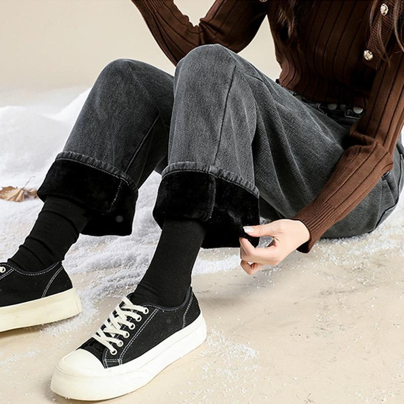 Women's Fleece-Lined High Waist Wide-Leg Jeans - Thick, Loose, Slimming, Straight-Leg Floor-Length Pants