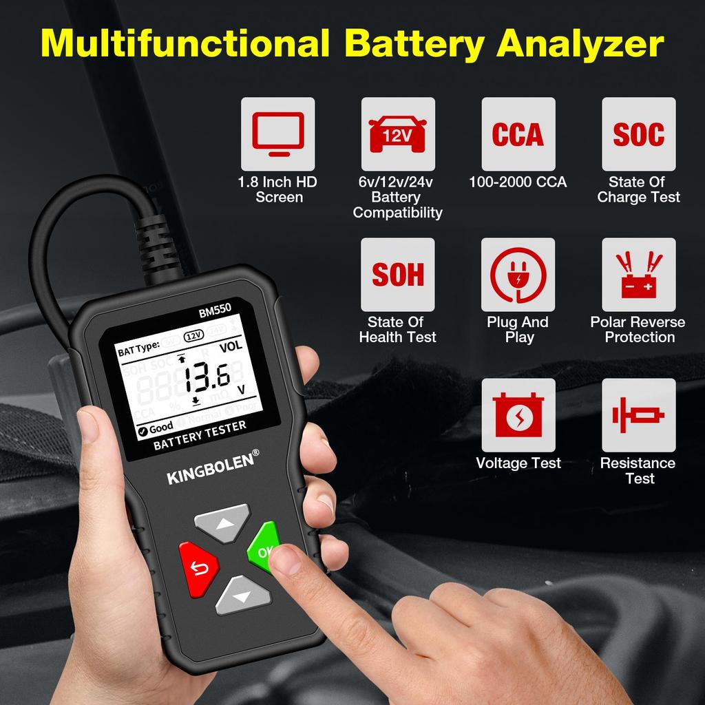 BM550 Multifunctional Battery Tester for 6V/12V/24V Vehicles with Intelligent Digital Display