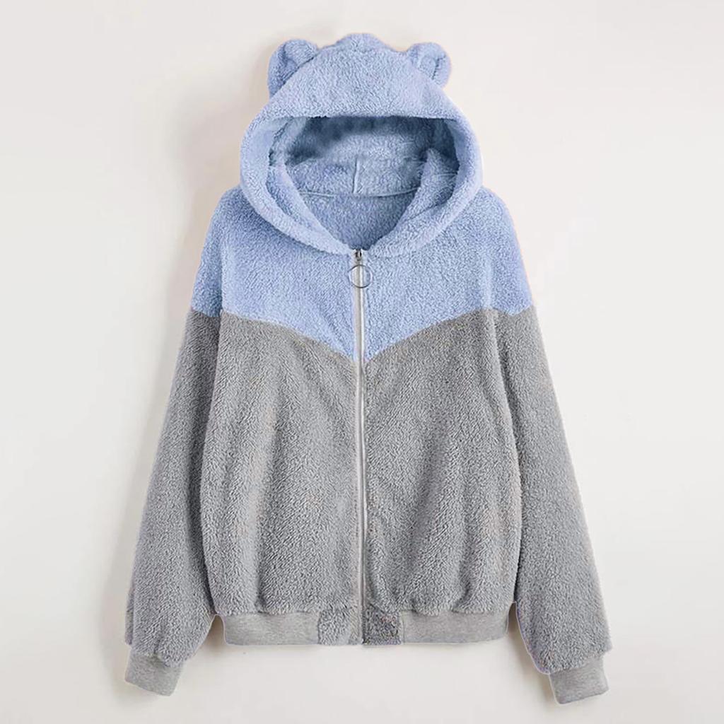 Women's Crew Neck Long Sleeve Hoodie Loose Fit Elegant Style Jacket Color Block Fuzzy Zip Up Casual Top